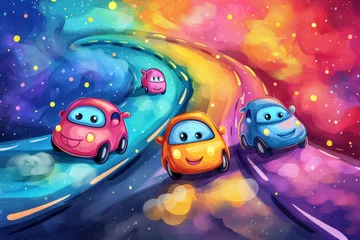 Fotobehang Cartoon cute doodles of smiling cars with big, expressive headlights, racing down a colorful highway, Generative AI © Starlight