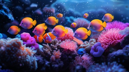Naklejka na ściany i meble clown fish, Amphiprion Ocellaris Clownfish or anemone fish in deep colorful sea background.clown fish underwater look out of a blue anemone