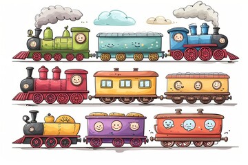 Cartoon cute doodles of happy trains chugging along, pulling colorful carriages with smiling faces, Generative AI