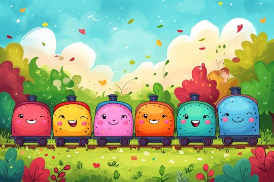 Cartoon cute doodles of happy trains chugging along, pulling colorful carriages with smiling faces, Generative AI