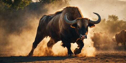 raging bull charging on dusty ground - obrazy, fototapety, plakaty