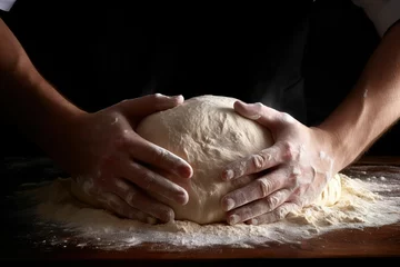 Papier Peint photo Lavable Pain dough with hands, close-up of making pasta, restaurant advertising, handmade pasta, supermarket advertising, people making bread