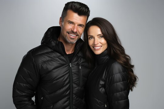 Male and female models wearing black down jackets, winter clothing promotion advertisement, couple wearing black down jackets