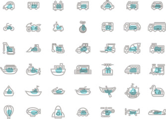 Obraz premium 様々な乗り物のアウトラインアイコンセット 水色