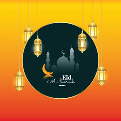 Eid mubarak wishes or greeting post or banner design with mosque and moon yellow orange Islamic background eid al fitr social media wishing post or banner design vector illustration