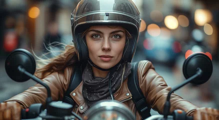 Deurstickers Embrace the city vibe with a captivating portrait of a young and stylish female rider, seamlessly blending beauty, fashion, and the thrill of the journey © Centric 