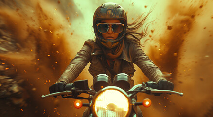 A captivating portrayal of a woman, her silhouette adorned with a helmet, confidently embracing the thrill of a motorcycle ride, embodying beauty and freedom in travel