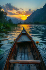 Obraz premium Embark on a peaceful boat journey across the tranquil lake, surrounded by the beauty of nature. Bask in the warm hues of a summer sunset casting its glow over majestic mountains and serene waters