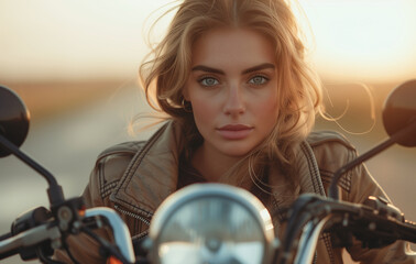 Obraz na płótnie Canvas Capturing the essence of style and freedom, a lone motorcyclist exudes beauty and fashion. With a striking portrait, this young woman embodies a lifestyle that's both attractive and effortlessly chic