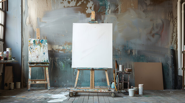 An easel with a blank white canvas stands in an empty minimalist room with empty sage green wall. Background for mockups, generative ai