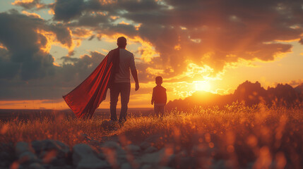 Family Bonding. Father and Children Cherishing Moments under the Sunset Sky