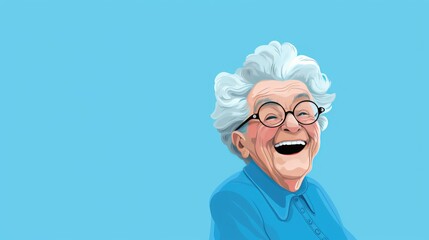 A beautiful elderly woman in an elegant shirt and glasses on an isolated blue background. The woman smiles and laughs. A place for the text.