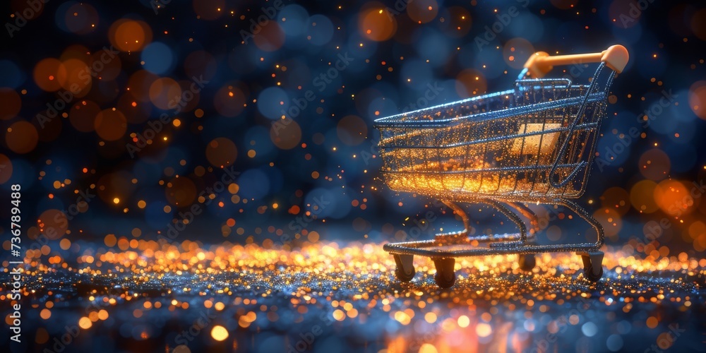 Poster a glowing shopping cart icon on a circuit board background, symbolizing the convenience and technolo