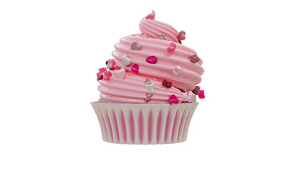 pink cupcake with pink cream and colorful heart frosting sprinkles sweet dessert 3D rendering