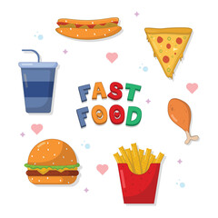 Set of fast food hamburger dinner and restaurant, colourful fast food text, stickers, unhealthy fast food nutrition in flat style