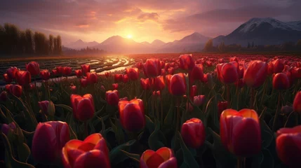 Fototapeten landscape view of sunrise in a tulip field © kucret