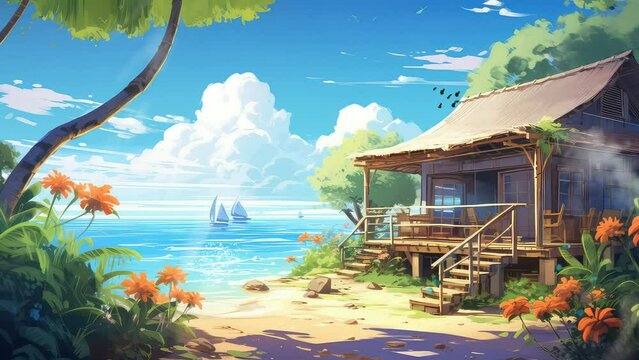 Animation tropical cafe on a beautiful beach seamless 4k video background. generated with ai	