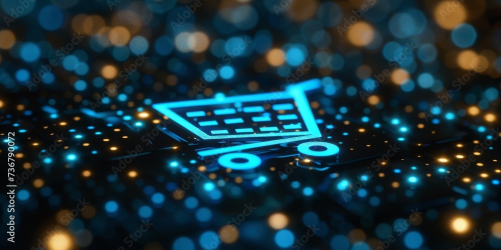 Poster a glowing shopping cart icon on a circuit board background, symbolizing the convenience and technolo
