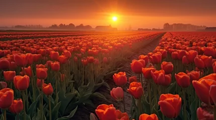Fototapete Backstein landscape view of sunrise in a tulip field