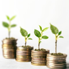 Fototapeta na wymiar Row of coins stack with green plant growth up on white background