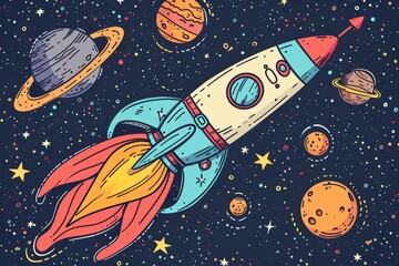 Cartoon cute doodles of a whimsical rocket ship launching into space, carrying cheerful astronaut animals on an interstellar journey, Generative AI
