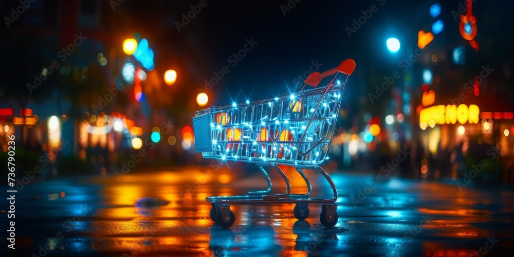 Poster a glowing shopping cart icon on a circuit board background, symbolizing the convenience and technolo