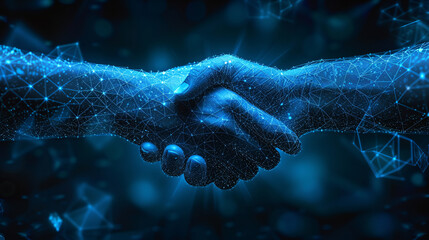 Abstract image of a digital handshake representing connection and partnership in a business context. - obrazy, fototapety, plakaty