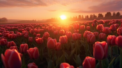 landscape view of sunrise in a tulip field