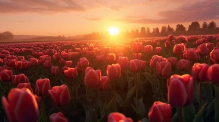 Poster landscape view of sunrise in a tulip field © kucret