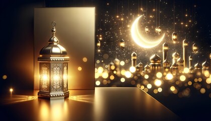 Fototapeta na wymiar Beautiful ramadan background in gold color with a silhouette of a traditional lantern at night with bokeh lights.