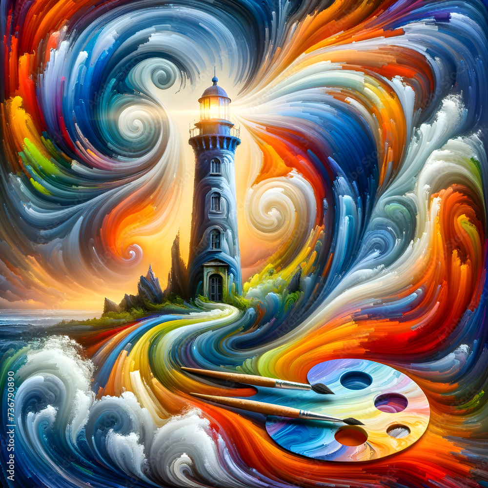 Poster a lighthouse with abstract palette swirls, symbolizing both the guiding light and the creativity of 