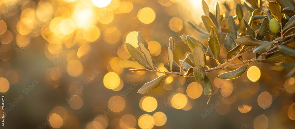 Poster a closeup of an olive tree branch with sunlight filtering through the leaves, creating a golden ambe