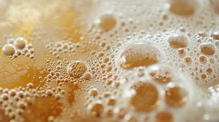 Extreme close-up of individual bubbles in beer foam. - obrazy, fototapety, plakaty