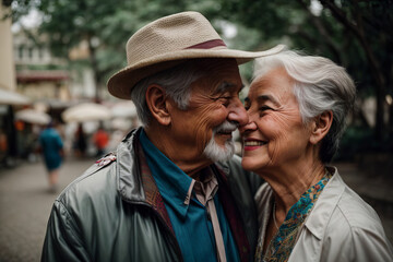 Portrait of old man and old woman couple in love looking at each other