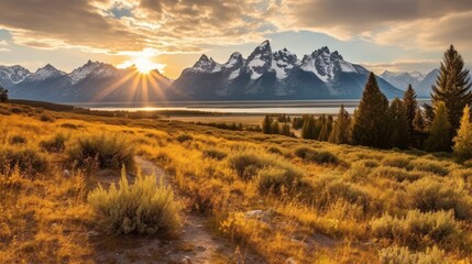 Obraz premium landscape sunset view behind the mountains from field
