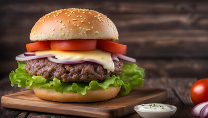 Beef burger with fresh tomato, onion, lettuce and mayonnaise in the wooden background