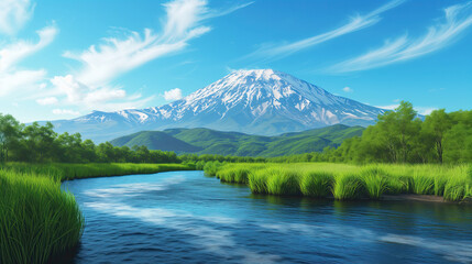 landscape with mountains, forest and a river. beautiful landscape scenery