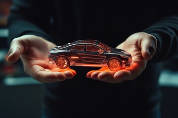 Business man holding virtual car model, car insurance, car sales, car after-sales, new energy...
