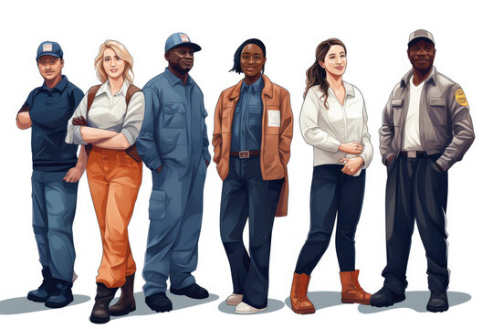 Illustration of a group of workers of various ethnicities and ages in work uniforms