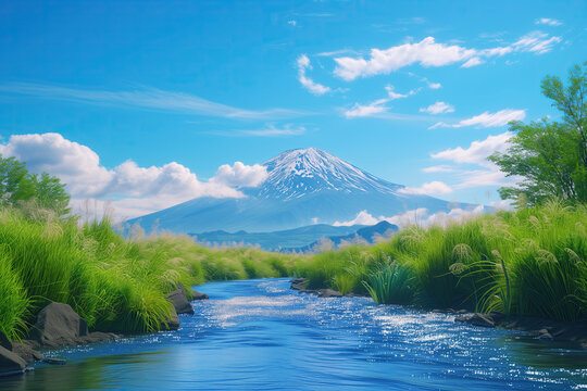 landscape with mountains, forest and a river. beautiful landscape scenery