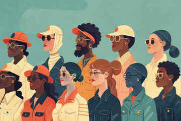 Illustration of a group of workers of various ethnicities and ages in work uniforms
