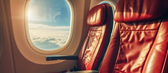 Two red seats in an airplane face a display device, with a view of electric blue skies. The room is filled with glass panels giving a magenta glow