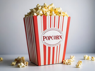 close-up of vintage cinema popcorn in a box on white background for product photography, concept of movie night or slumber party or quick healthy snack