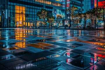 Rain-soaked Plaza at Twilight with Vibrant City Lights Reflection