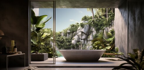 Fototapeta premium bathroom room ideas, including bathtub, glass, towels, shower, shelf table which are simple and minimalist but still give the impression of being clean and elegant. kamar mandi