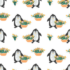 A seamless pattern depicting penguins with yellow tulips, bouquets of tulips, baskets with tulips. International Women's Day.Postcard for March 8. Words of congratulations on Women's Day.From March 8