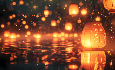 lanterns glowing at night in a pond