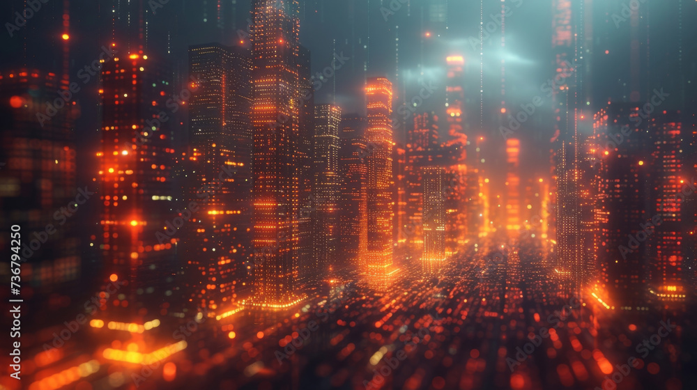Poster a futuristic cityscape with buildings made of digital code illustrating how blockchain technology is