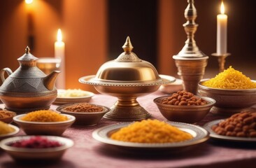 Ramadan kareem Iftar table with assorted traditional Arab dishes