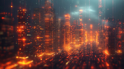 A futuristic cityscape with buildings made of digital code illustrating how blockchain technology is revolutionizing traditional financial systems and paving the way for a